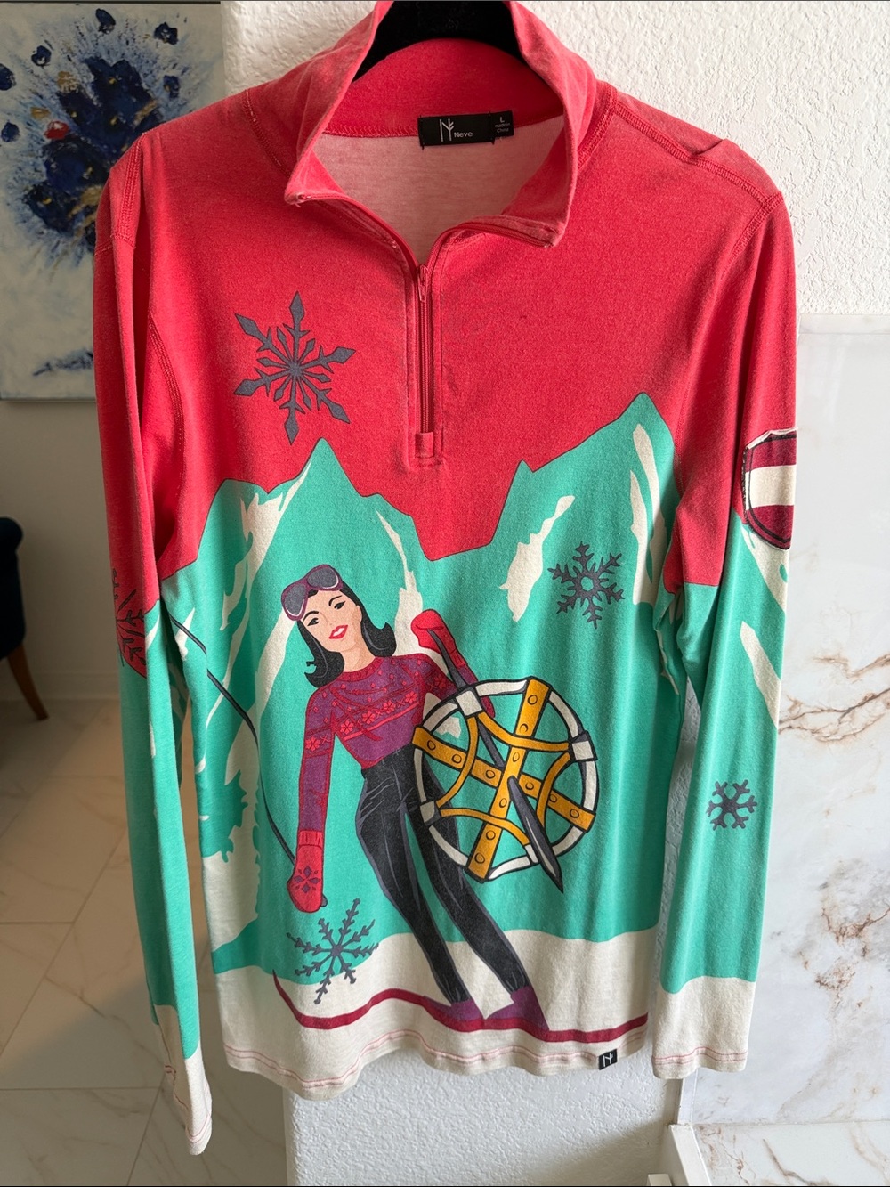 NEVE  Red and Teal Ski Graphic Quarter-Zip Sweater Large RARE NWOT